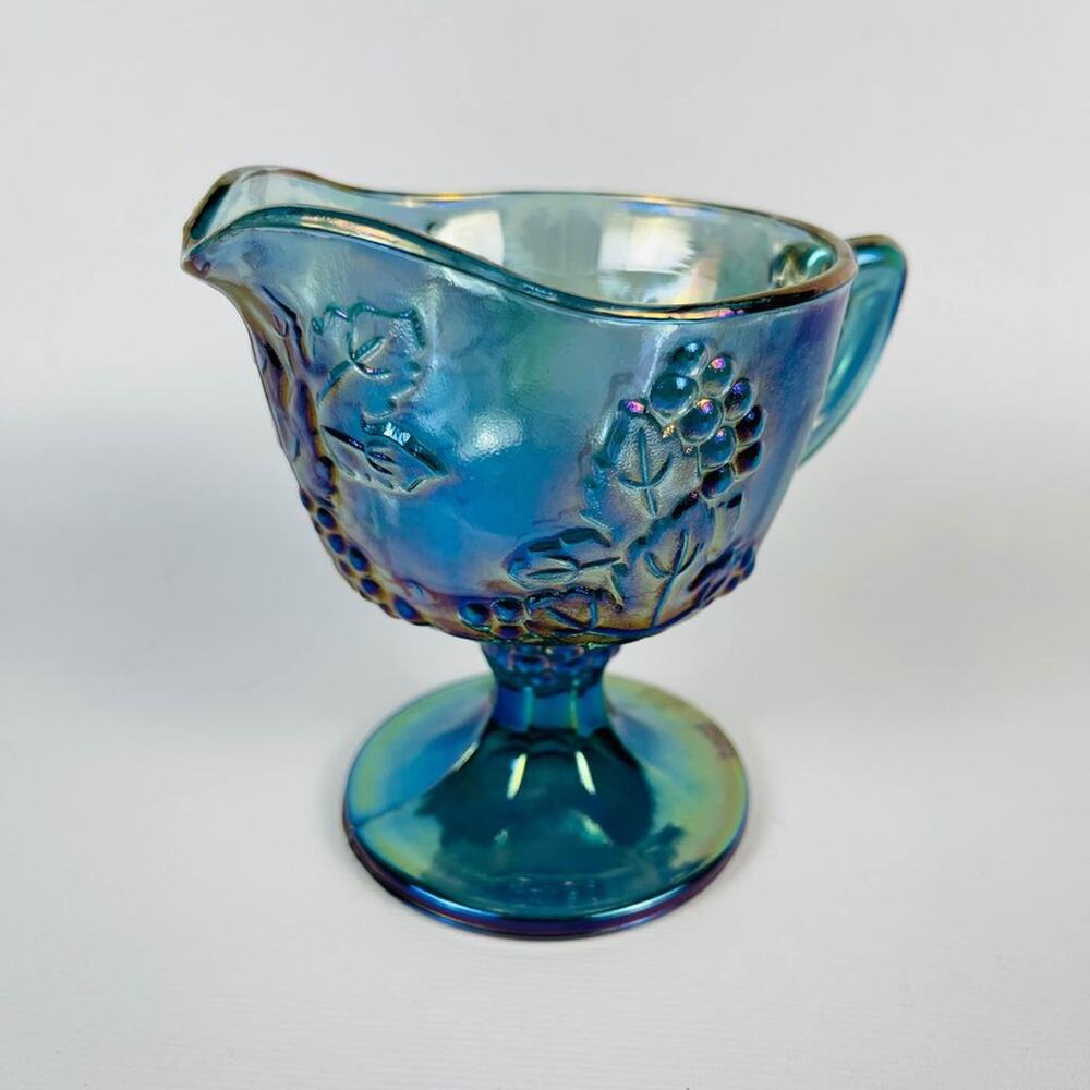 Vintage Blue Carnival Glass Creamer Pedestal Grape  Ivy Pattern
